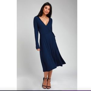 Lulus Keira Navy Blue Ribbed Long Sleeve Midi Wrap Dress